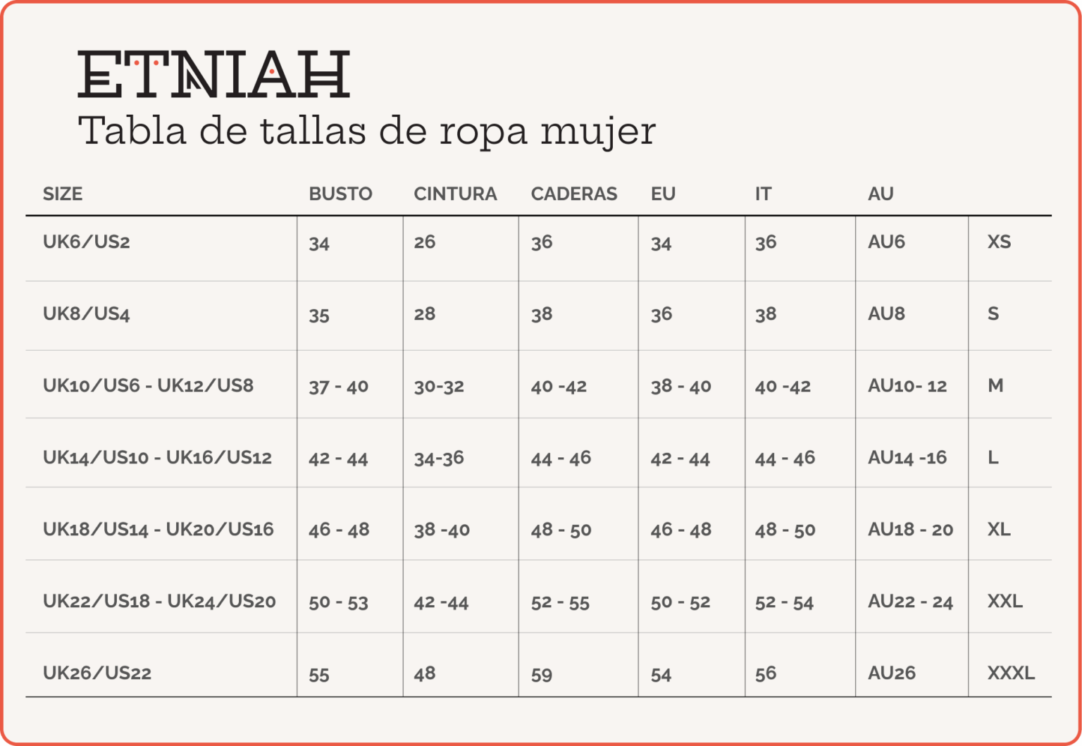 tabla de tallas mujer
